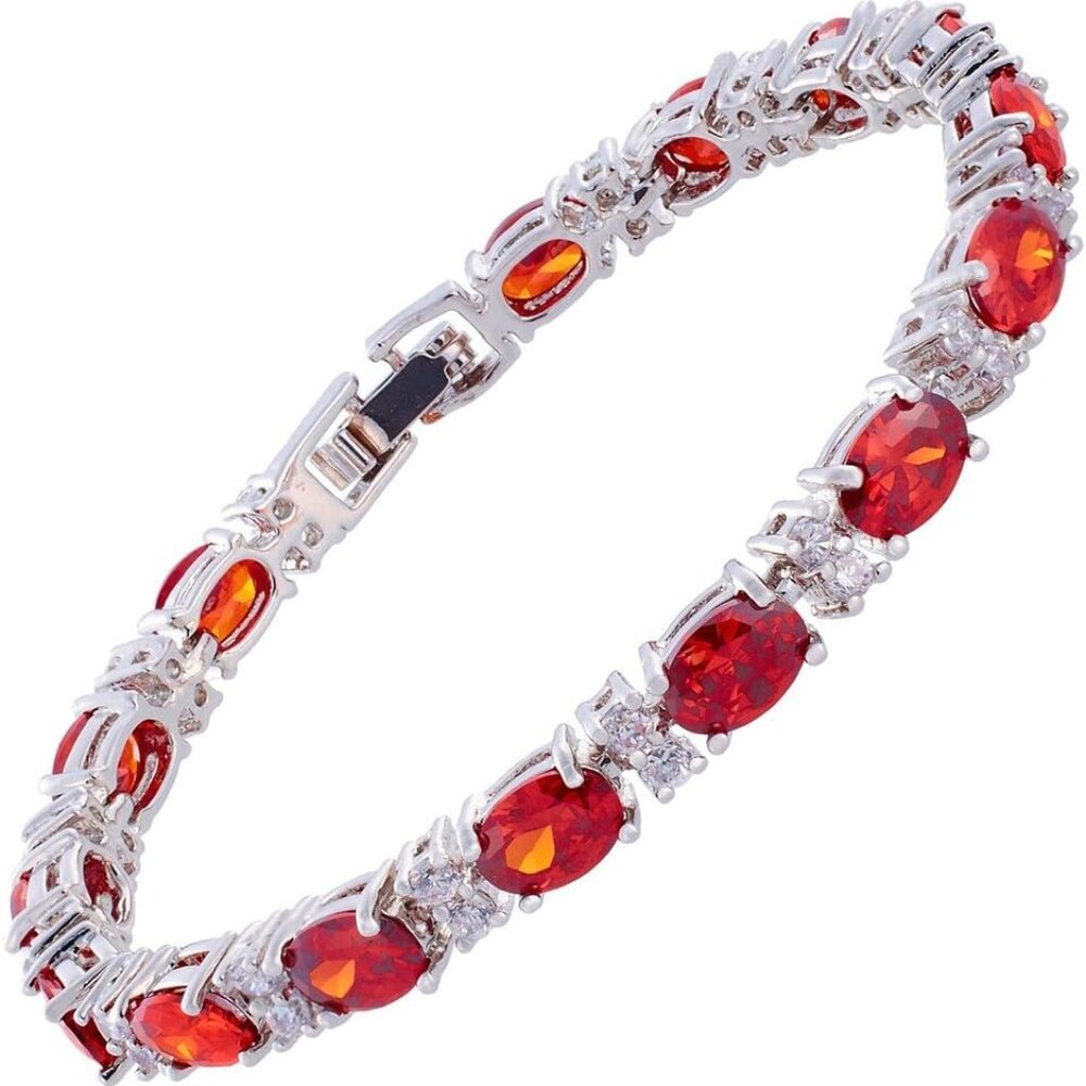 Oval Cut Multi-Color CZ Birthstone 18K White Gold Plated Tennis Bracelet, 7"